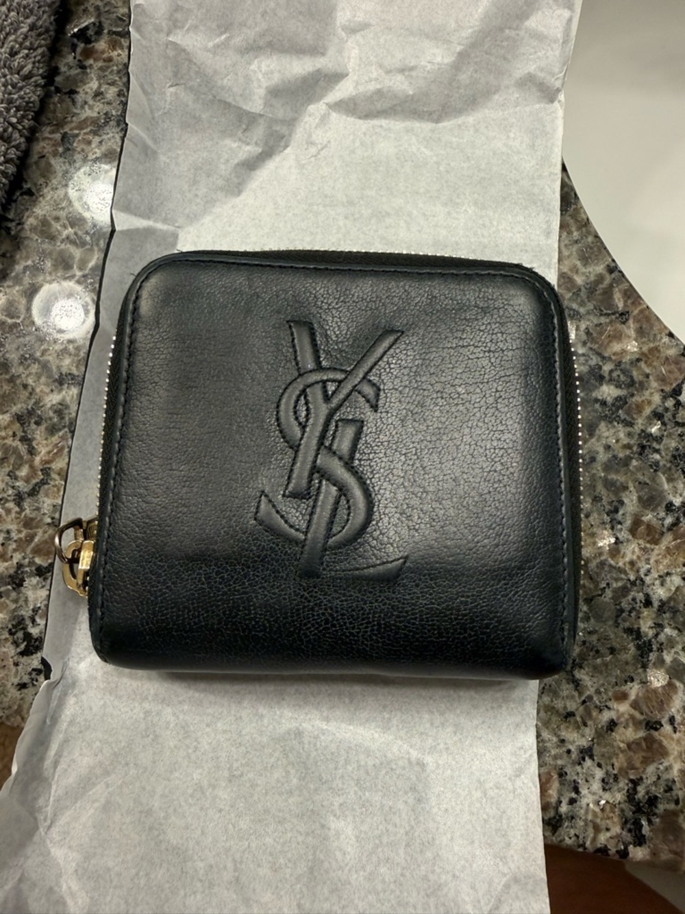 Saint Laurent Black Leather YSL Embossed Zip Wallet